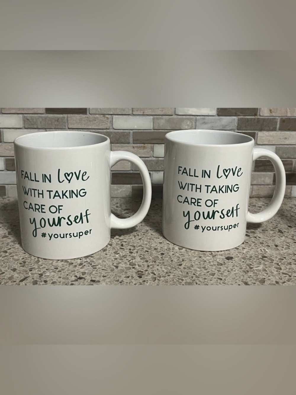 White Ceramic Mugs, lot of 2, ‘YourSuper’ brand, Green Inspirational Quote, NWOT - Picture 1 of 6